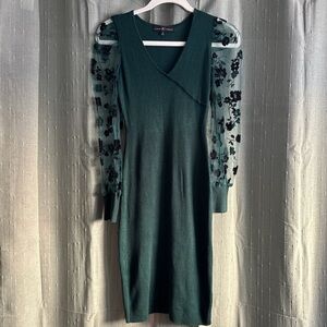 Almost Famous dark Green Dress with Sheer Floral Sleeves